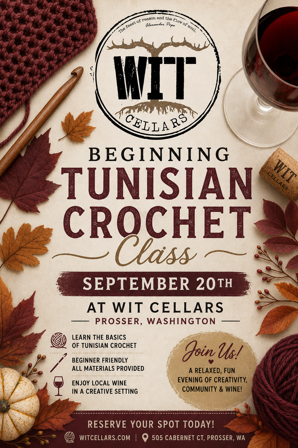 Tunisian Towel - Let’s learn Tunisian Crochet. September 20, 2026 WIT Cellars in Prosser, WA