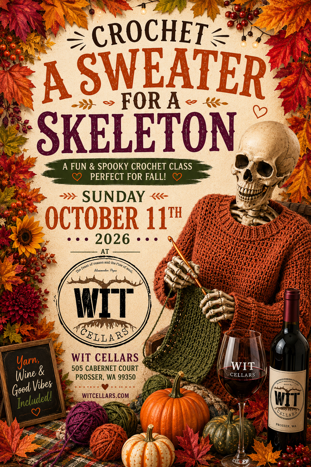 Let’s crochet that skeleton a sweater! October 11, Wit Cellars Prosser WA 12-2 PM