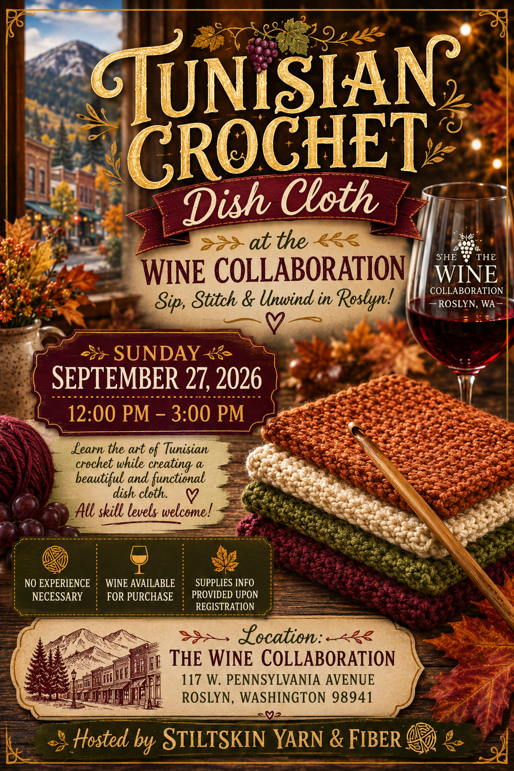 Let’s learn Tunisian Crochet - Wine Collaboration, Roslyn Sunday, Sept 27